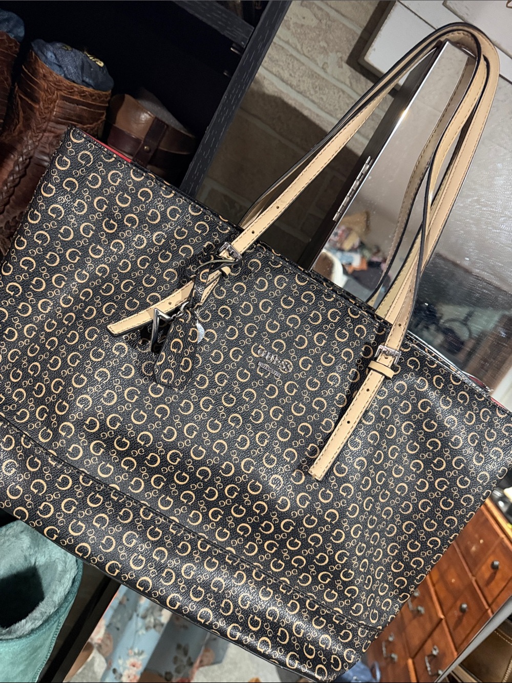 Guess Black Monogram Tote with Tan Handles